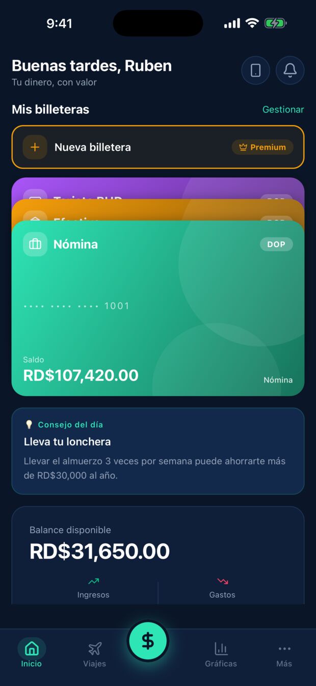 Pantalla de inicio de Salo con las billeteras del usuario, el consejo del día y el balance disponible
