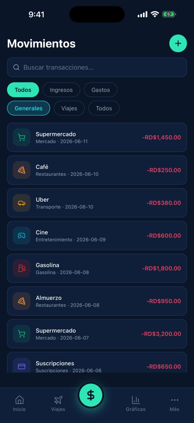 Lista de movimientos de Salo con búsqueda y filtros por ingresos y gastos