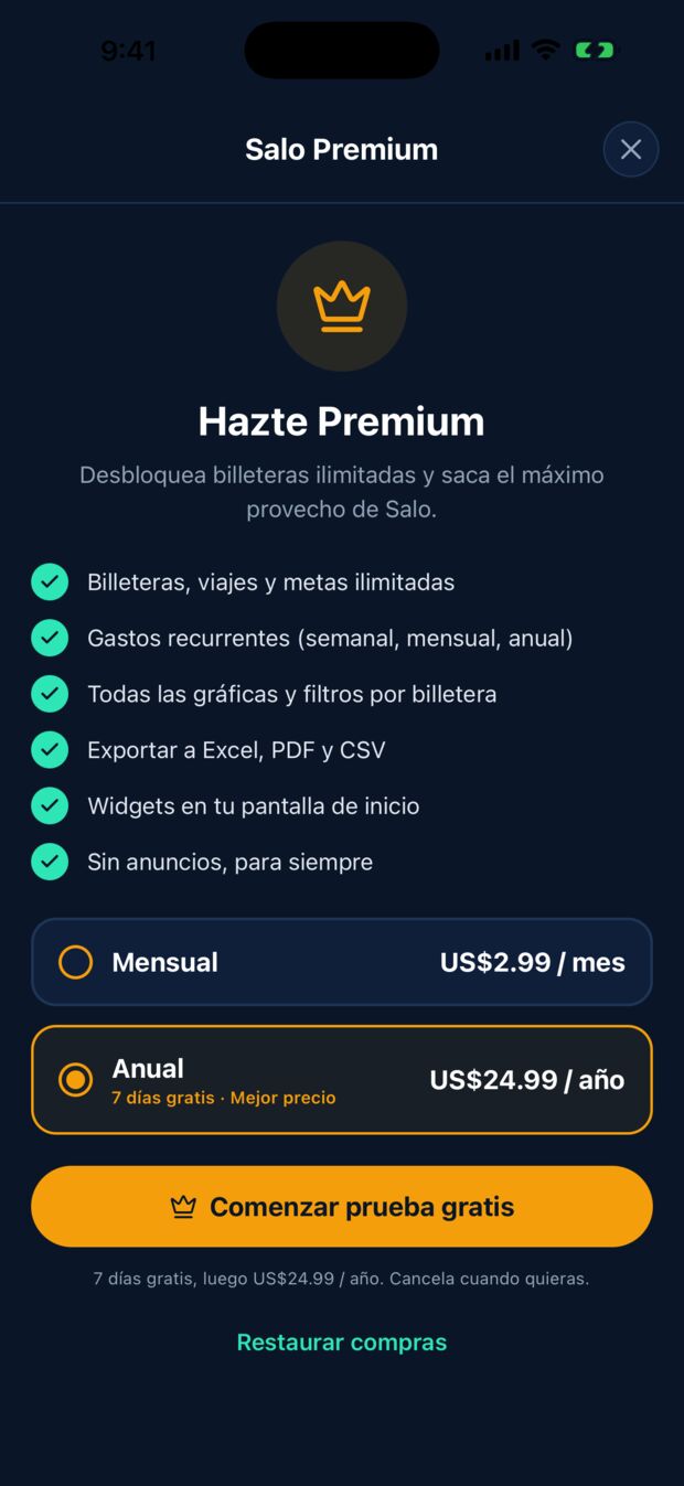 Pantalla de Salo Premium con los planes mensual y anual